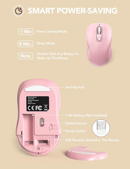 Wireless Mouse for Laptop, 2.4Ghz Ergonomic Computer Mouse with Back & Forward Buttons, 3 Adjustable DPI Levels, 6 Buttons, Optical USB Cordless Mice for Windows Macbook PC (Baby Pink)