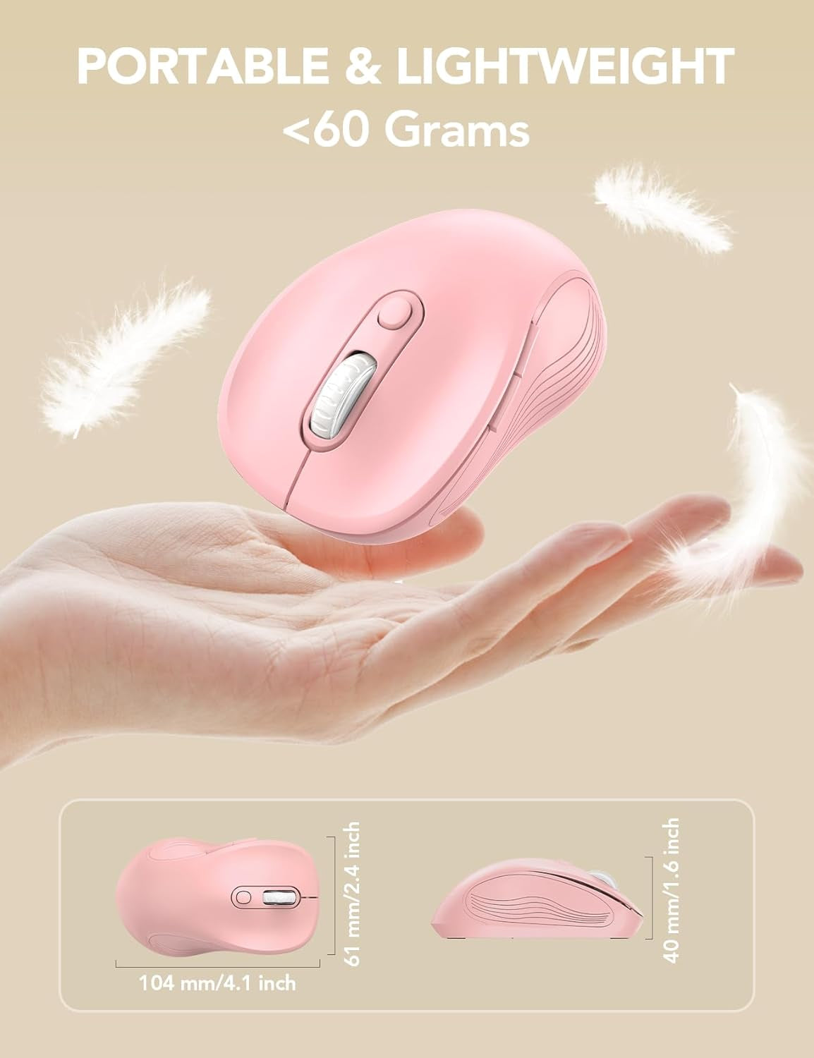 Wireless Mouse for Laptop, 2.4Ghz Ergonomic Computer Mouse with Back & Forward Buttons, 3 Adjustable DPI Levels, 6 Buttons, Optical USB Cordless Mice for Windows Macbook PC (Baby Pink)