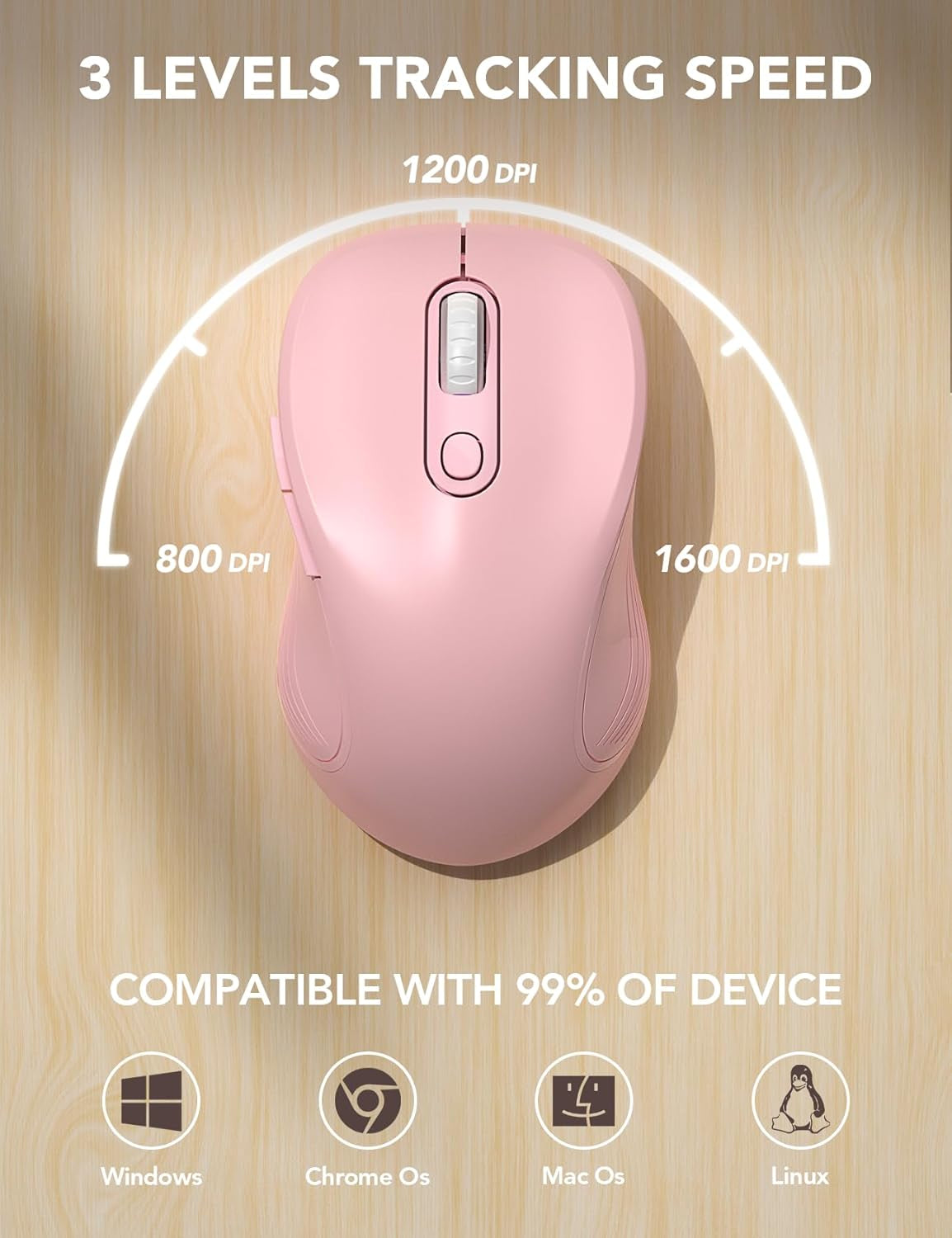 Wireless Mouse for Laptop, 2.4Ghz Ergonomic Computer Mouse with Back & Forward Buttons, 3 Adjustable DPI Levels, 6 Buttons, Optical USB Cordless Mice for Windows Macbook PC (Baby Pink)