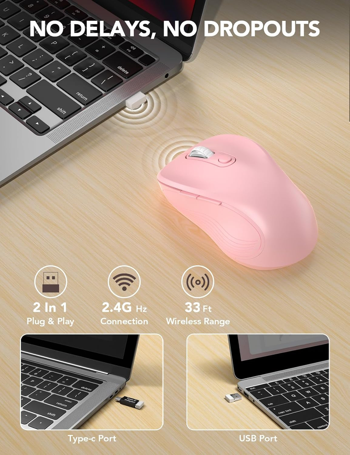 Wireless Mouse for Laptop, 2.4Ghz Ergonomic Computer Mouse with Back & Forward Buttons, 3 Adjustable DPI Levels, 6 Buttons, Optical USB Cordless Mice for Windows Macbook PC (Baby Pink)